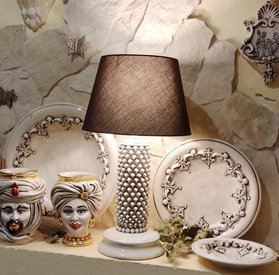Lume Pigna Cilindro in Ceramica di Caltagirone h 60 cm — Madreperla Antichizzato - VivoSpazio