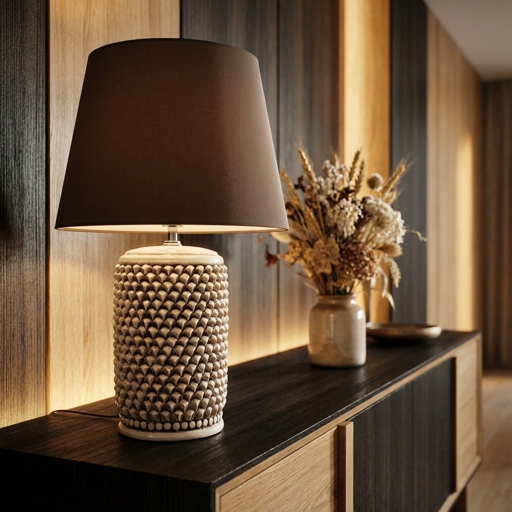 Lume Pigna Cilindro in Ceramica di Caltagirone h 60 cm — Madreperla Antichizzato - VivoSpazio