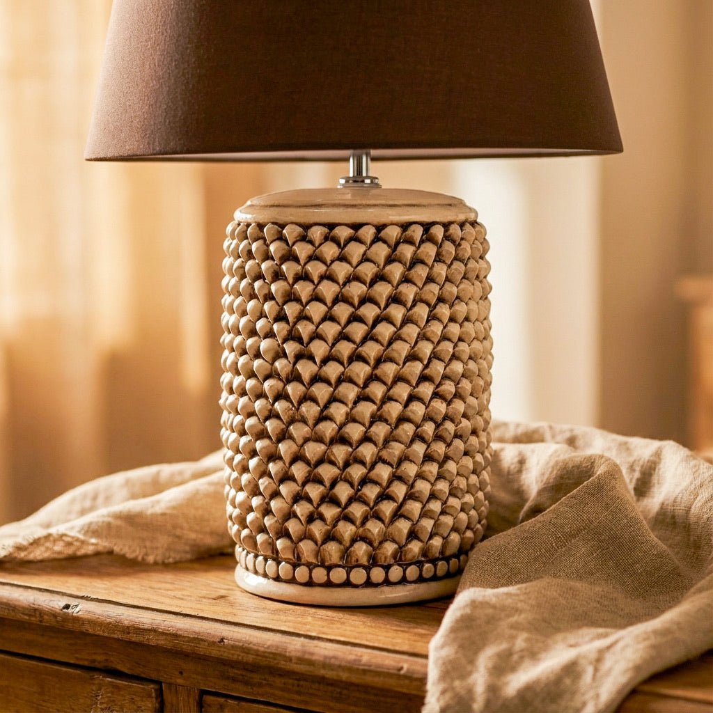 Lume Pigna Cilindro in Ceramica di Caltagirone h 60 cm — Madreperla Antichizzato - VivoSpazio