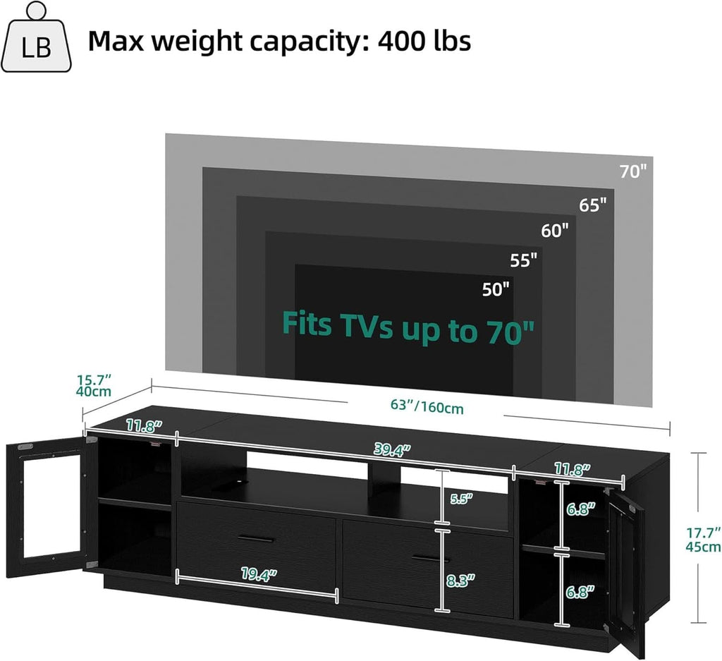 Matte Black 70 Inch TV Entertainment Center With Outlets - VivoSpazio
