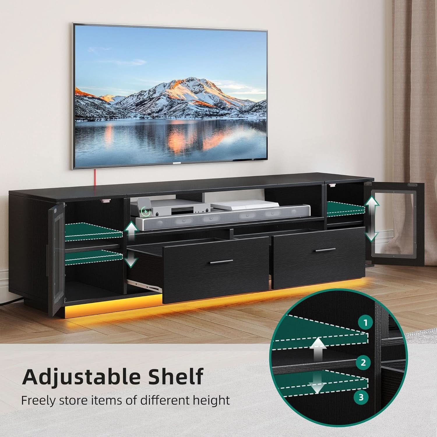 Matte Black 70 Inch TV Entertainment Center With Outlets - VivoSpazio